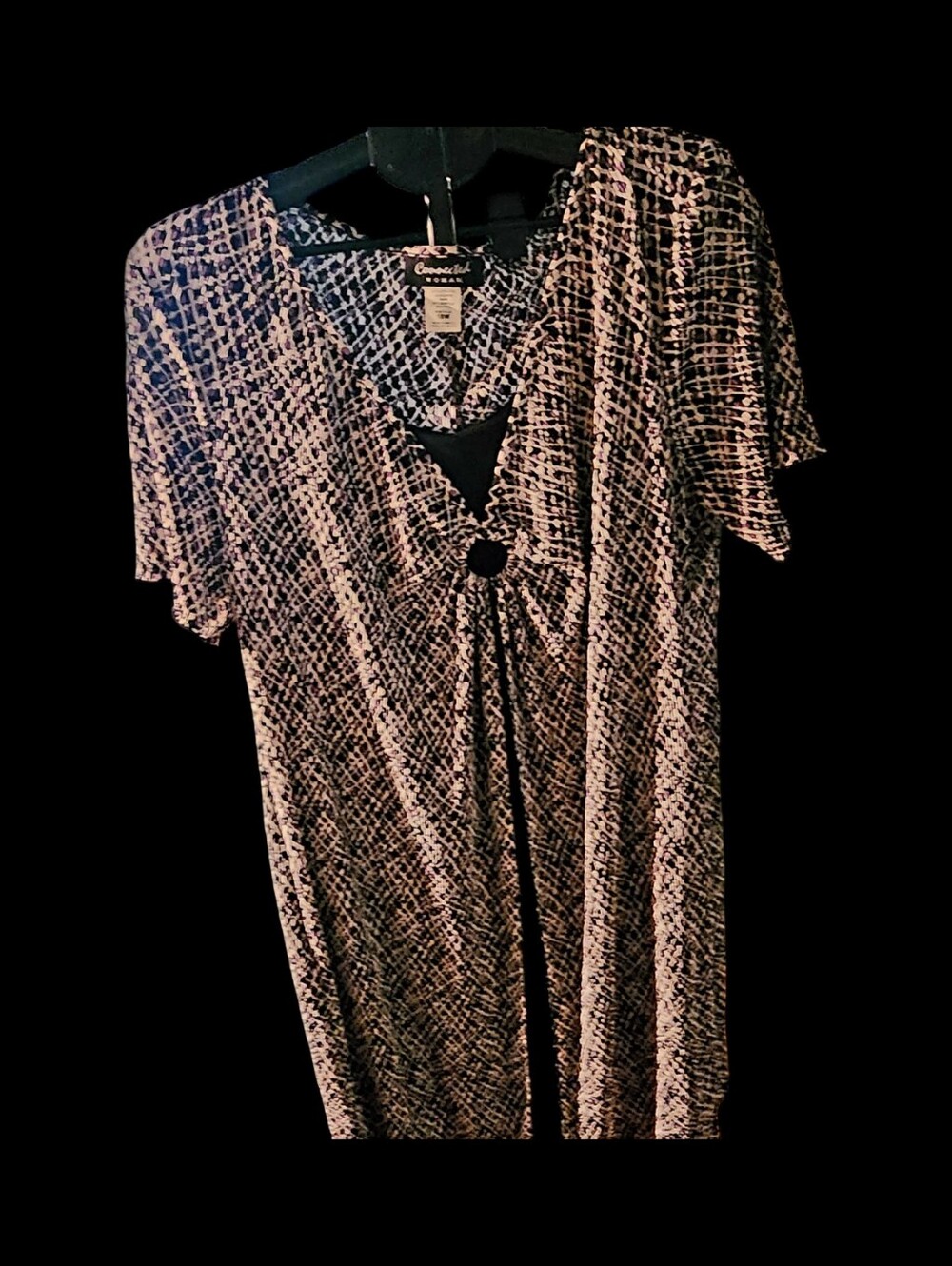 Connected Woman Black & White/Purple Faux Two-Piece Short Sleeve Dress, 18W